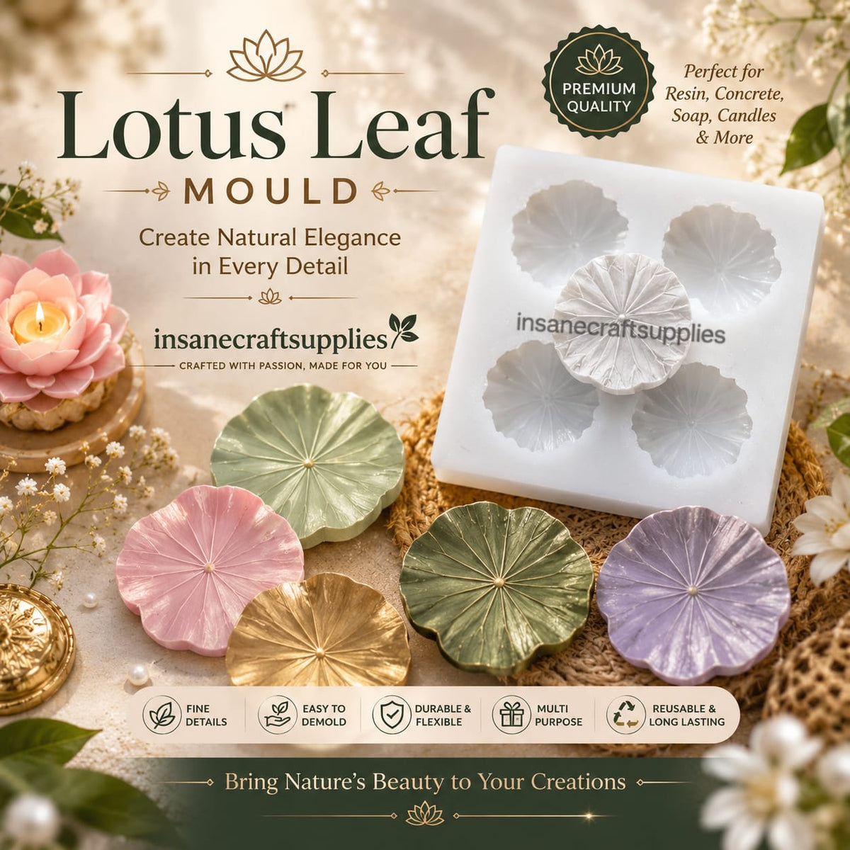 White 4-cavity lotus leaf silicone mould displayed with finished colorful lotus leaf resin and wax crafts.