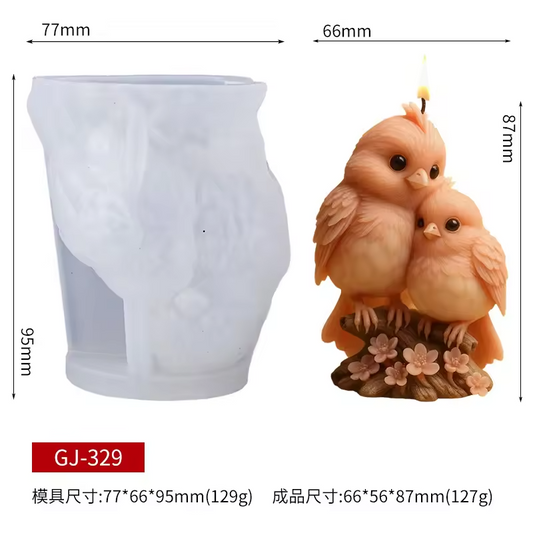 Silicone mold of two birds with dimensions and weight information.