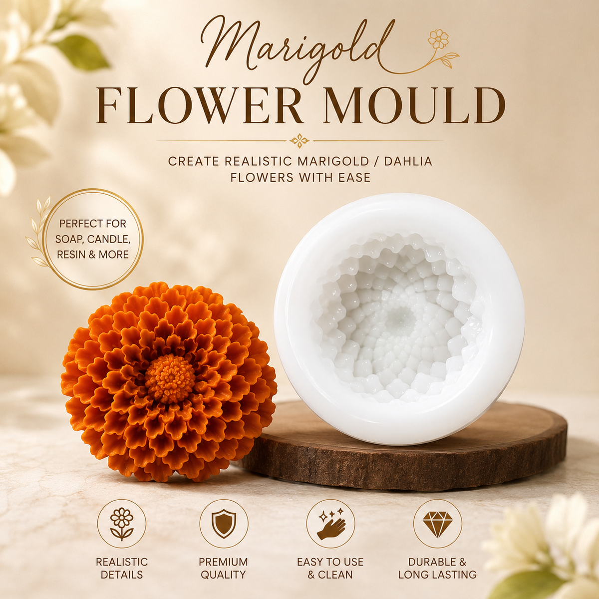 Marigold Dahlia Genda Flower Silicone Mould for Candle Making, Resin Art and Soap Making