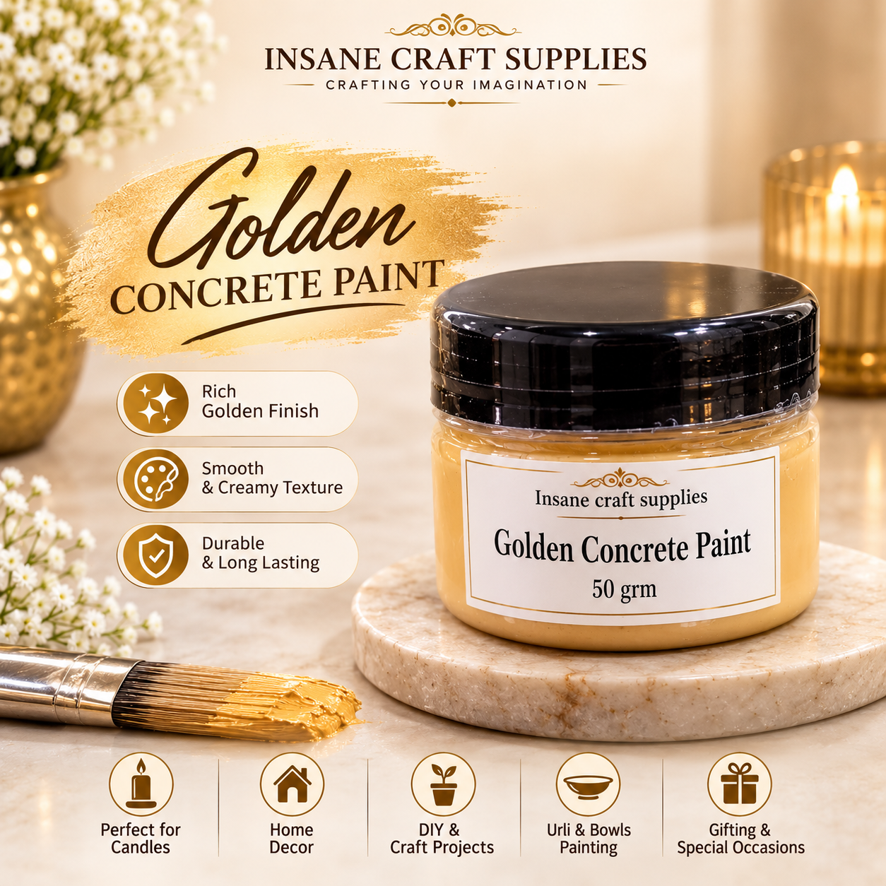 Insane Craft Supplies Golden Concrete Colour 50g Jar on Marble Stand with Paintbrush