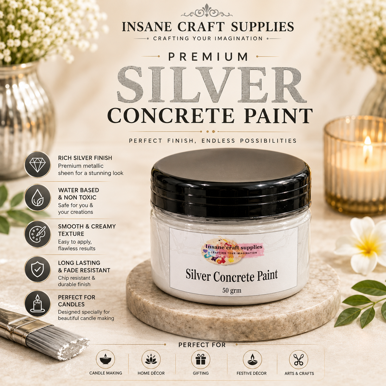 Insane Craft Supplies Premium Silver Concrete colour 50g Jar on Marble Stand with Paintbrush