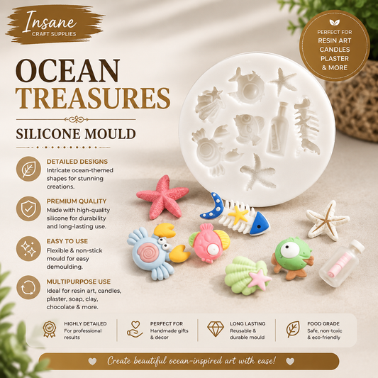 An advertisement for the 'Ocean Treasures Silicone Mould' by Insane Craft Supplies, showing a white silicone mold filled with colorful sea-themed items like starfish, a crab, a fish, and a small boat, alongside descriptive text and feature icons.