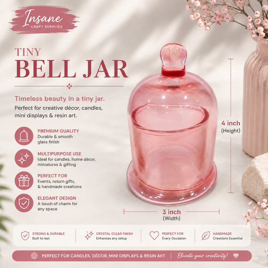 A pink glass tiny bell jar candle holder with a rounded dome lid, shown on a soft beige background with decorative floral elements. The image includes product dimensions (4 inch height, 3 inch width), feature icons, and branding for Insane Craft Supplies.