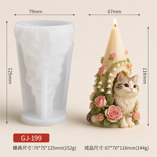 Silicone mold of a cat with flowers and a candle, with dimensions displayed.