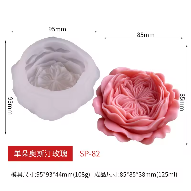 Silicone mold shaped like a rose with dimensions and product details on a white background