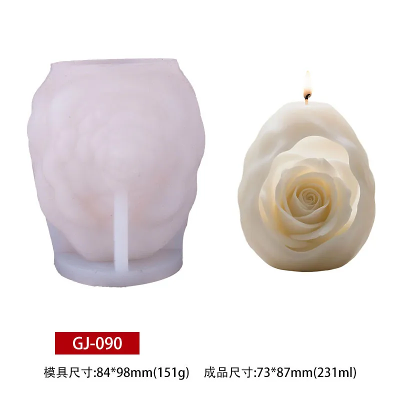 Silicone mold shaped like a rose with a completed rose-shaped candle beside it on a white background.
