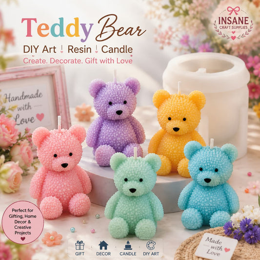 Five teddy bear-shaped resin candles in pink, purple, yellow, mint green, and light blue, displayed with a large white candle jar and floral decorations. The image features 'Teddy Bear DIY Art Resin Candle' branding and 'INSANE CRAFT SUPPLIES' logo.