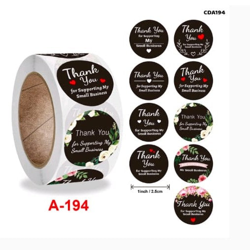 Roll of stickers with 'Thank You for Supporting My Small Business' text on a white background
