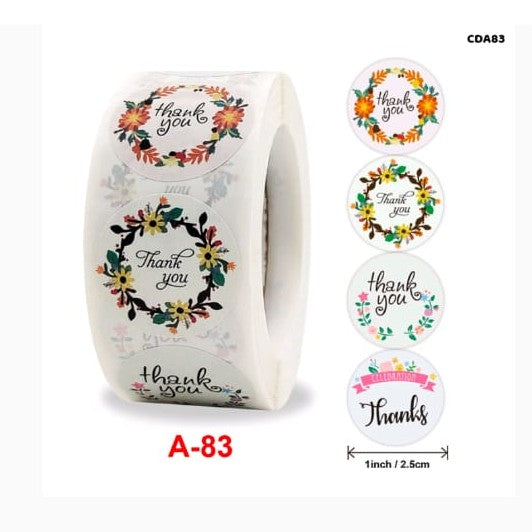 Roll of stickers with 'thank you' text and floral designs on a white background.