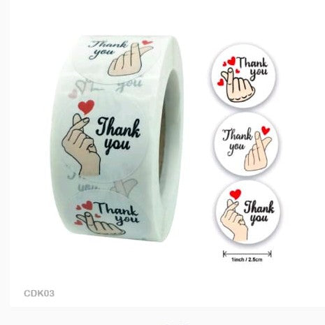 Roll of stickers with 'Thank you' text and hand gestures on a white background