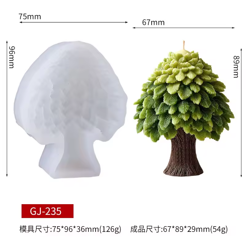 Silicone mold shaped like a tree with dimensions and product code GJ-235 displayed.
