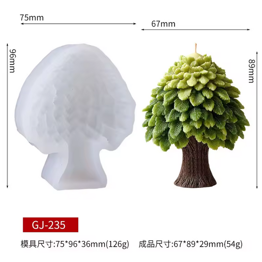Silicone mold shaped like a tree with dimensions and product code GJ-235 displayed.