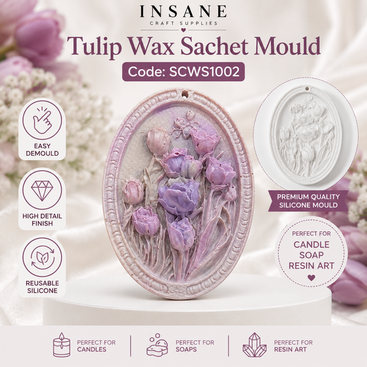 Tulip wax sachet mould with product details on a white background