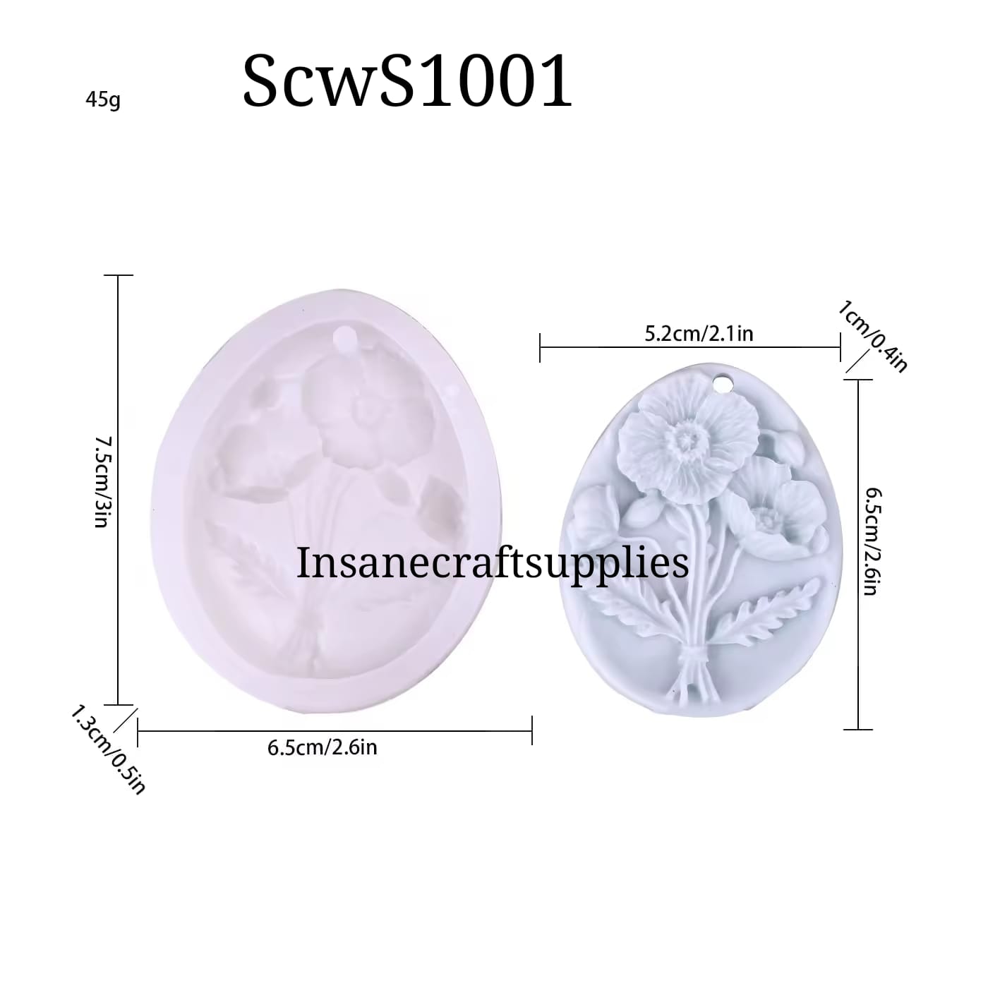 Silicone mold with floral design and dimensions on a white background