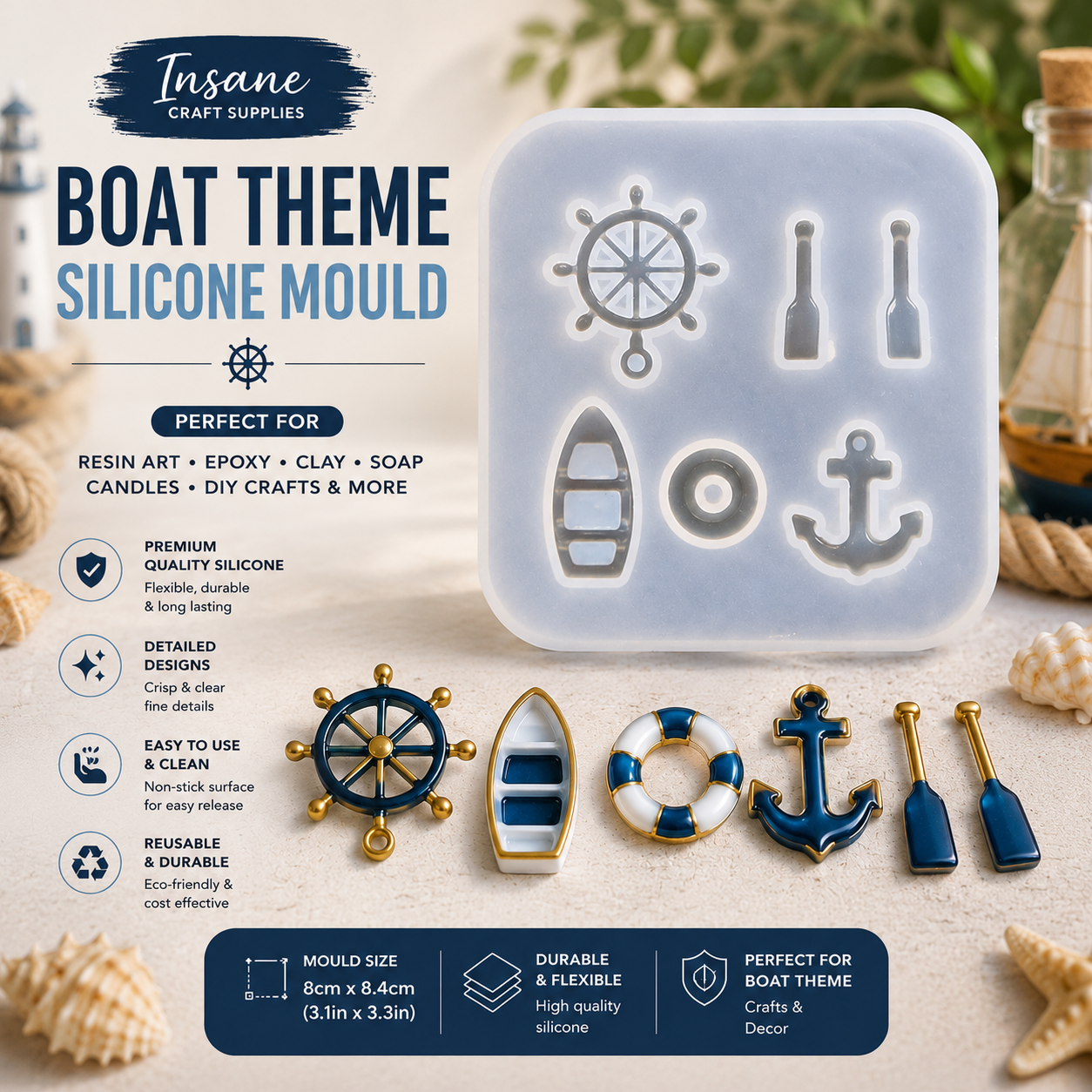 Boat theme silicone mould with ship wheel, anchor, boat and nautical designs for resin art