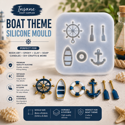 Boat theme silicone mould with ship wheel, anchor, boat and nautical designs for resin art
