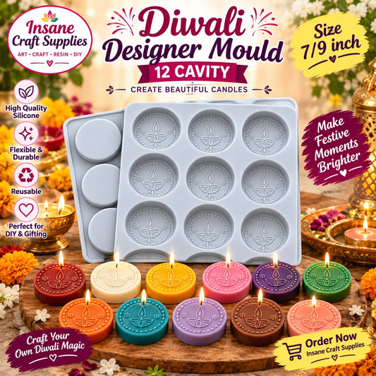 Insane Craft Supplies 12 cavity 7x9 inch grey silicone mould with diya design for Diwali candle making