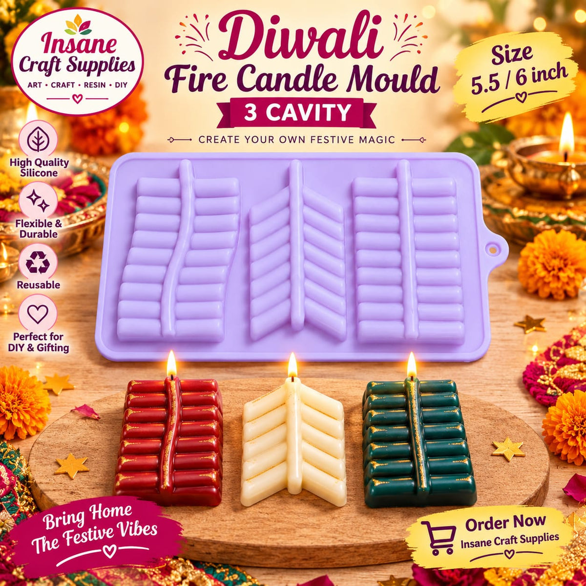 Insane Craft Supplies 3 cavity 5.5x6 inch purple silicone mould for making Diwali firecracker ladi candles