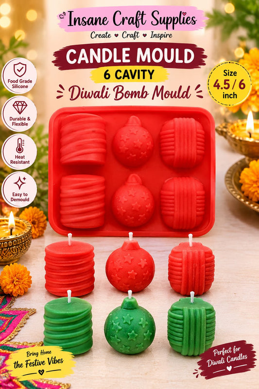 Insane Craft Supplies 6 cavity 4.5x6 inch red silicone mould for making Diwali bomb shaped candles
