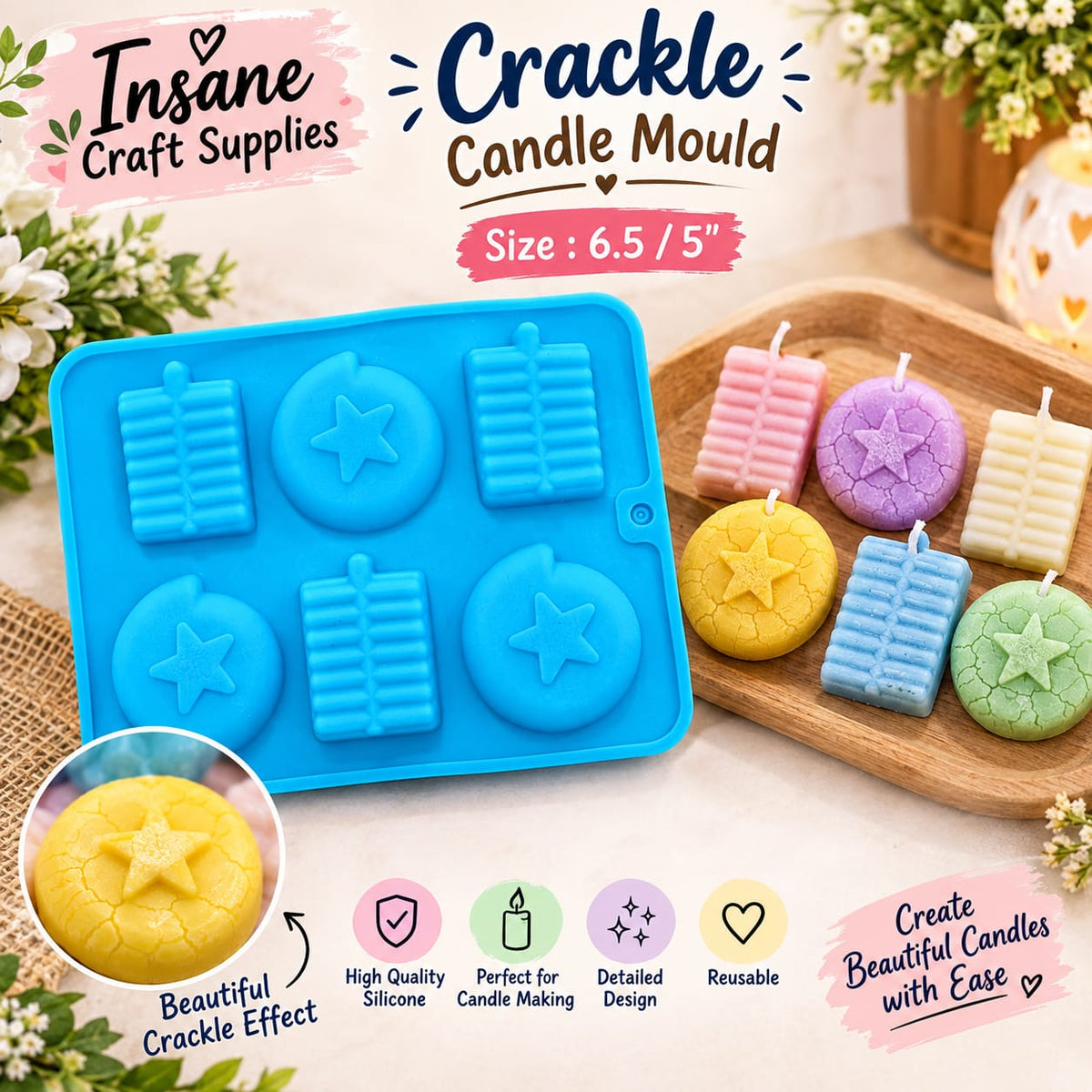 Blue multi-cavity silicone candle mould size 6.5 by 5 inches showing round star Chakkari and rectangle Ladi firecracker designs with finished colorful pastel candles on the side