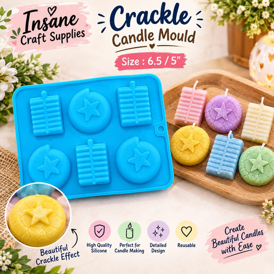 Blue multi-cavity silicone candle mould size 6.5 by 5 inches showing round star Chakkari and rectangle Ladi firecracker designs with finished colorful pastel candles on the side