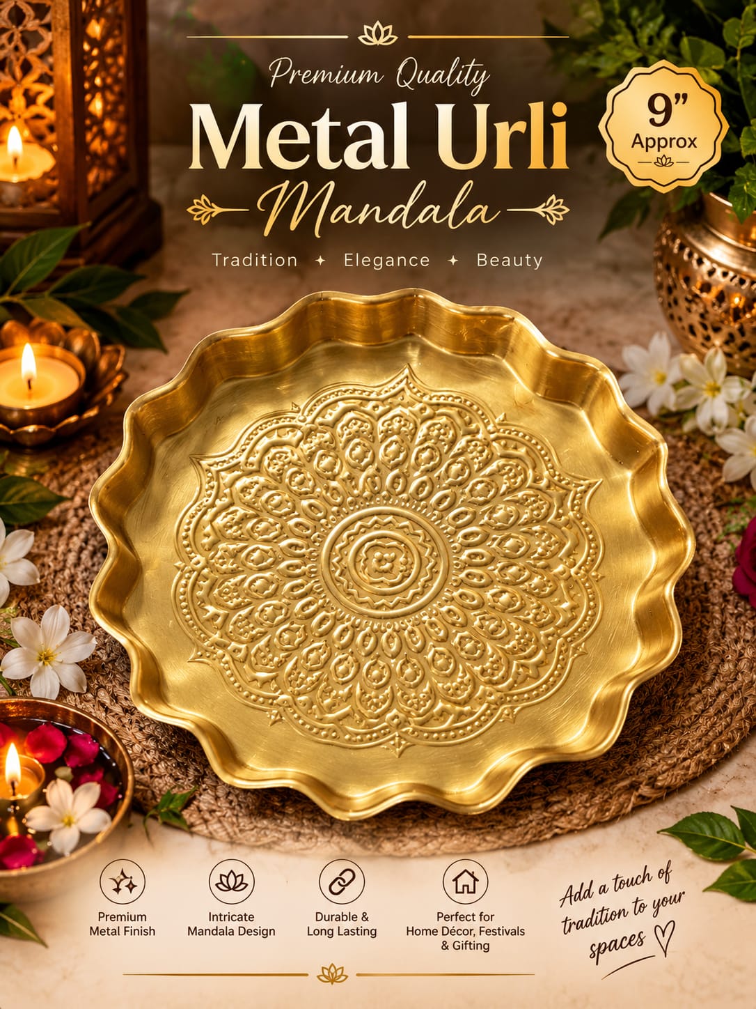 Gold metal urli mandala plate showcased with decorative candles and flowers for festive candle décor