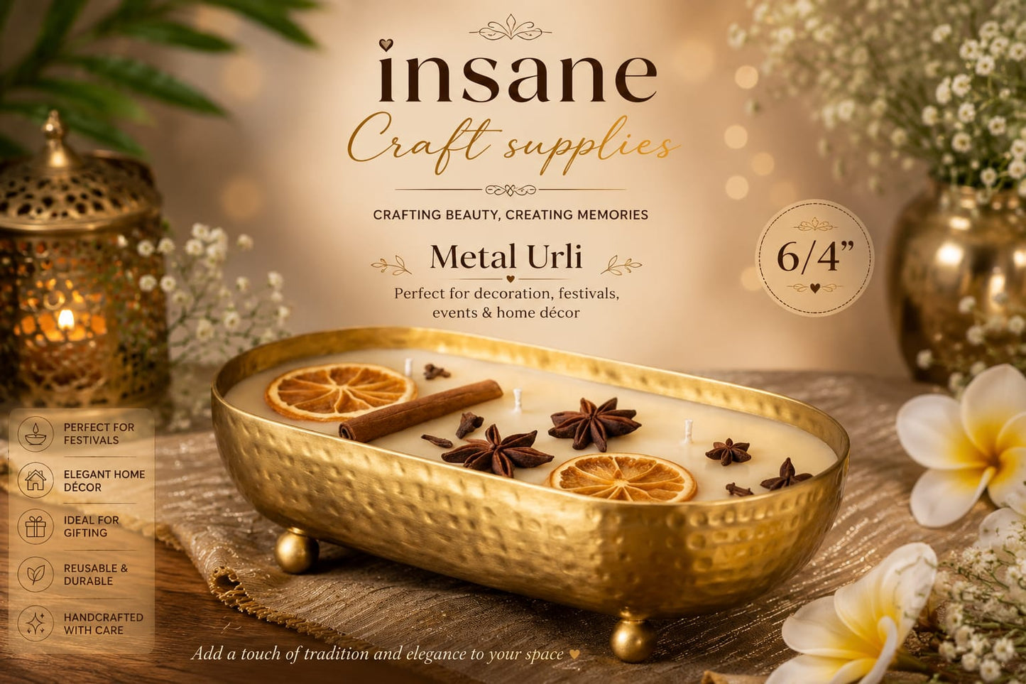 Gold electroplated metal urli for candle making and home decor
