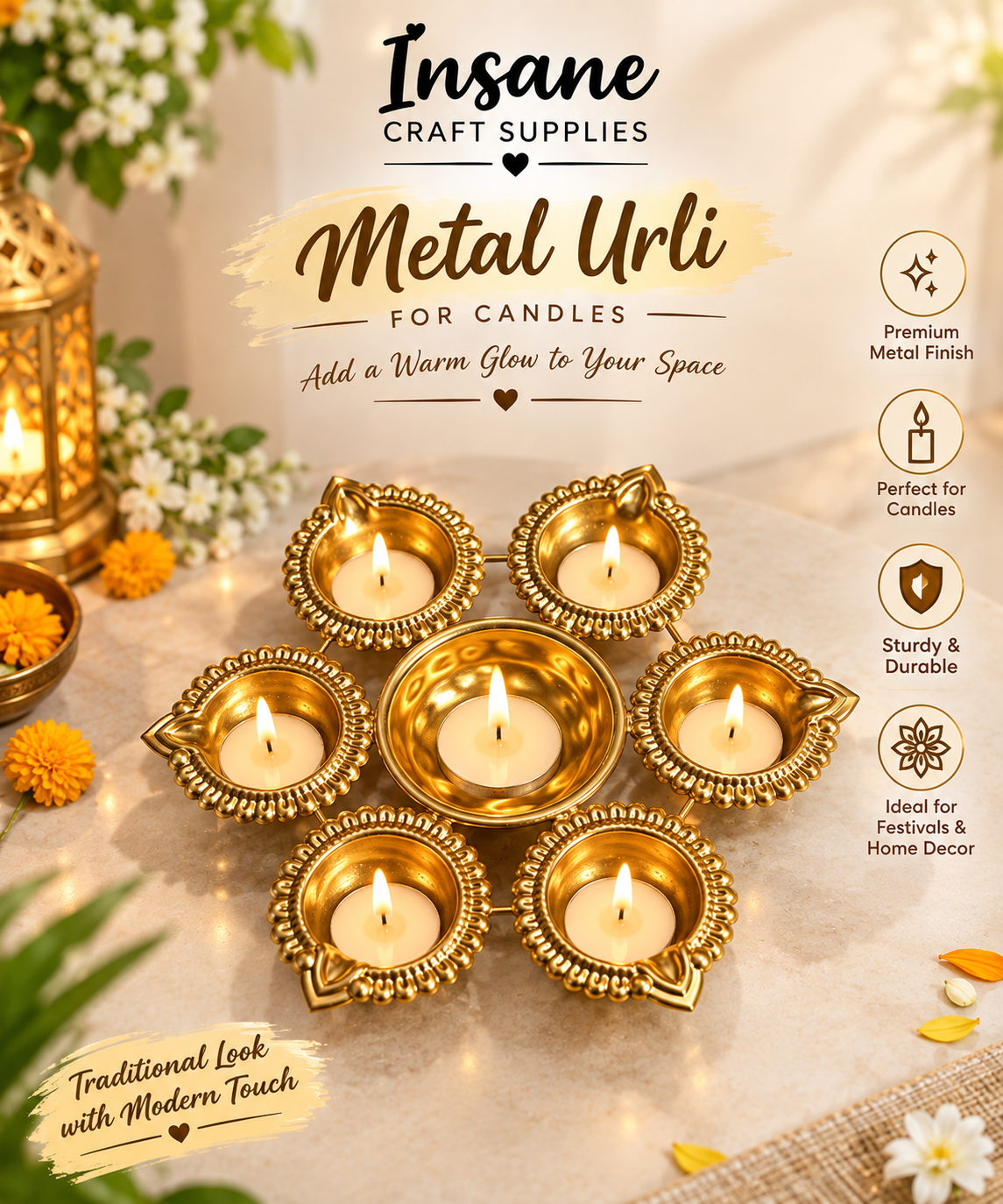 Golden metal urli candle holder with six decorative diya holders and one central bowl for candle making and festive decoration.