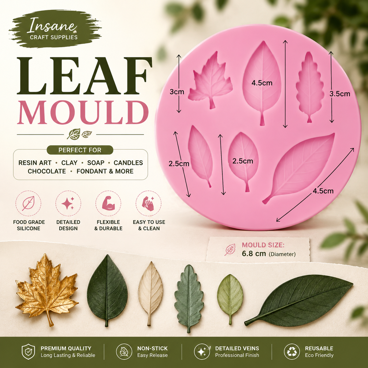Leaf silicone mould with six detailed leaf designs for resin art, clay, soap making and DIY crafts