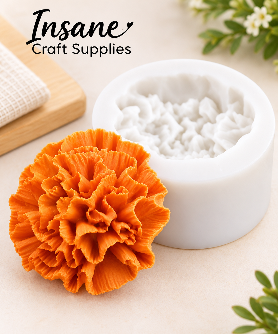 White silicone marigold genda phool mould with orange flower output for candle making and resin art