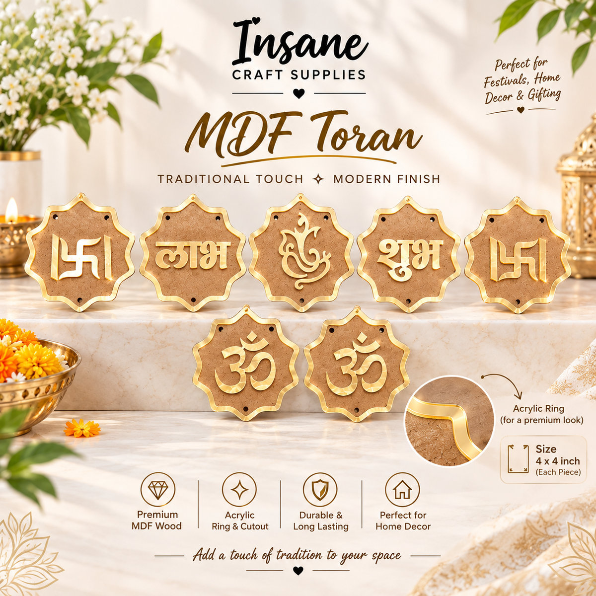 MDF Shubh Labh toran set of 7 with acrylic ring, Om, Swastik and Ganesh designs for Diwali door decoration