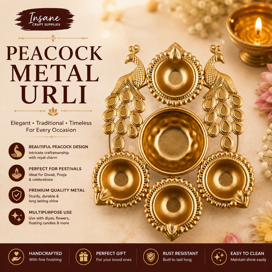 Peacock Metal Urli with Diya Bowls for Diwali, Pooja and Home Decoration