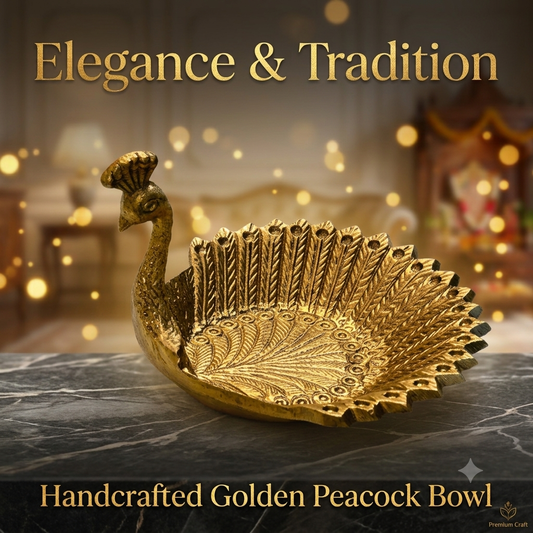 Handcrafted Golden Peacock Urli Bowl & Candle Holder for Floating Candles, Diwali Decor & Gifting