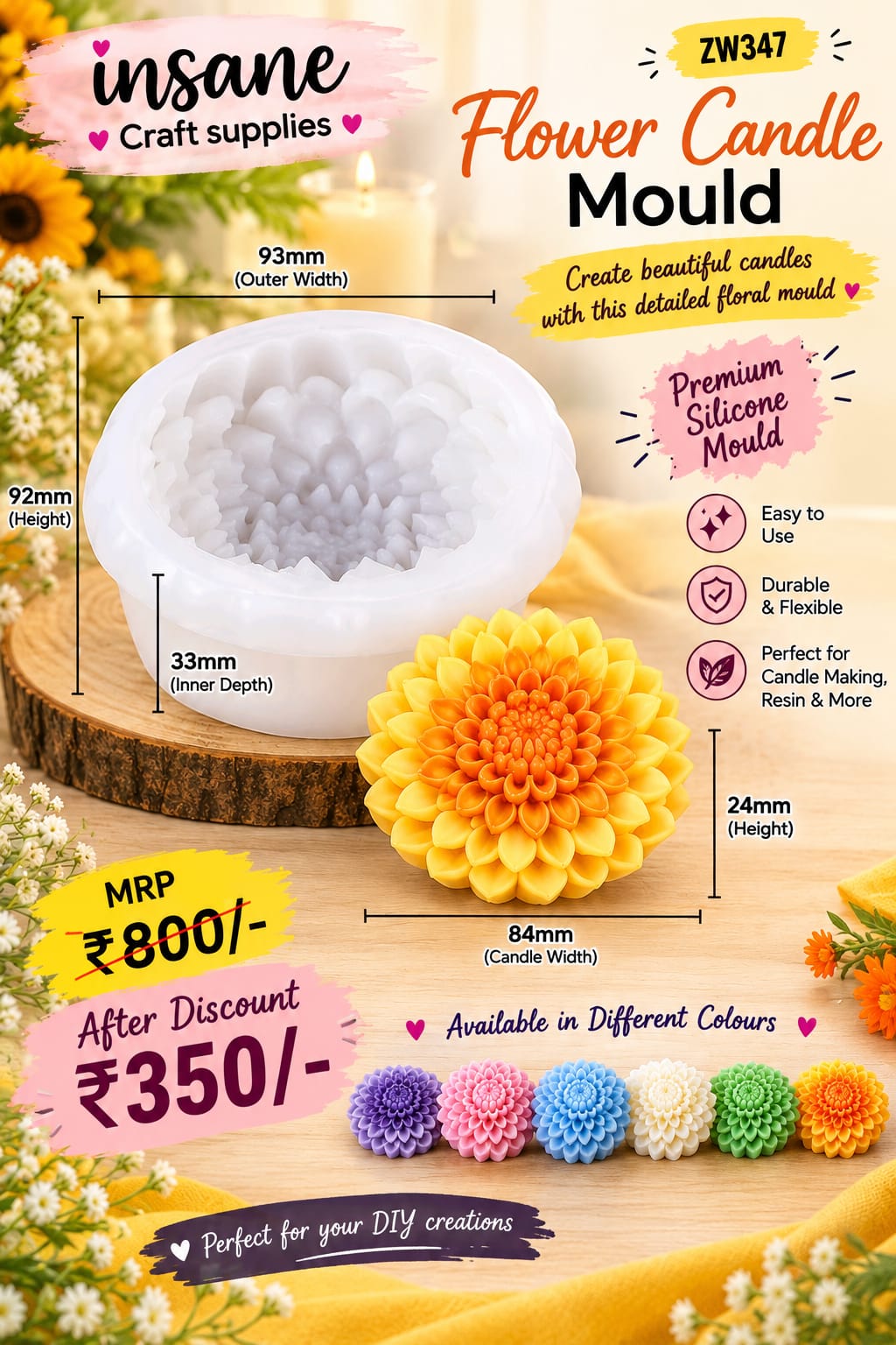 Peony Flower Candle Mould ZW347 Heavy Quality