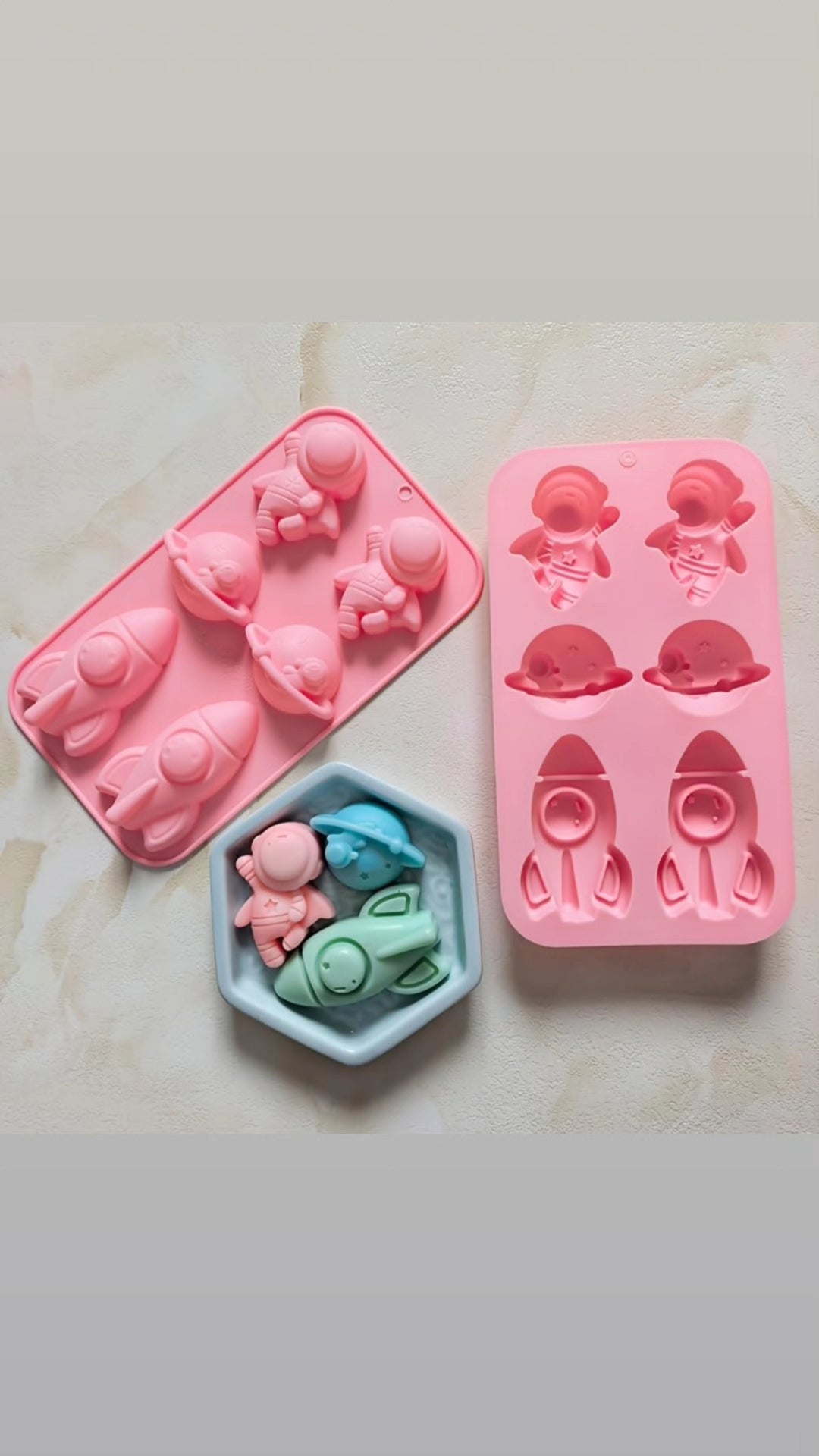 DIY concrete silicone mould pink 6 cavity space astronaut rocket planet design